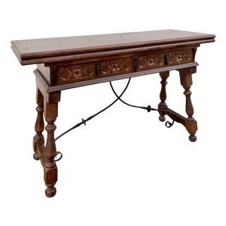 Spanish Carved Wood Drop-Leaf Table with Iron Stretcher, 1940 For Sale