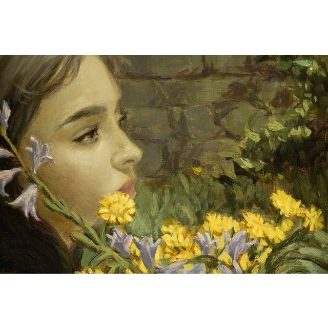 Figurative Wild Flowers by Nadezda | Oil on Panel Portrait of a girl holding a bouquet of wildflowers. For Sale - Image 3 of 5