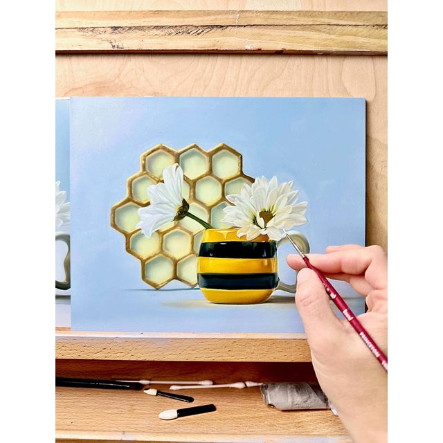 Blooming Days by Karina Rodríguez | Oil on aluminum panel Still life of flowers in a striped mug For Sale - Image 4 of 5