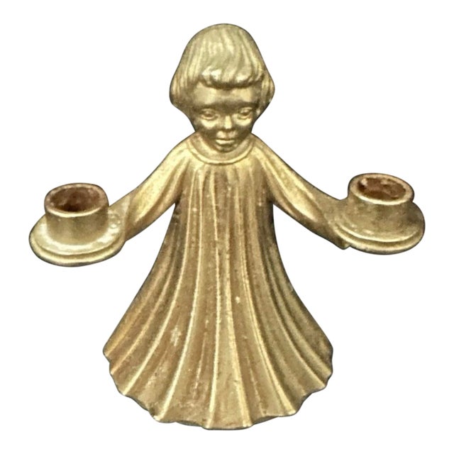 Vintage Mid 20th Brass Gilded Dual Candle Holder Choir Boy Angel Christmas For Sale