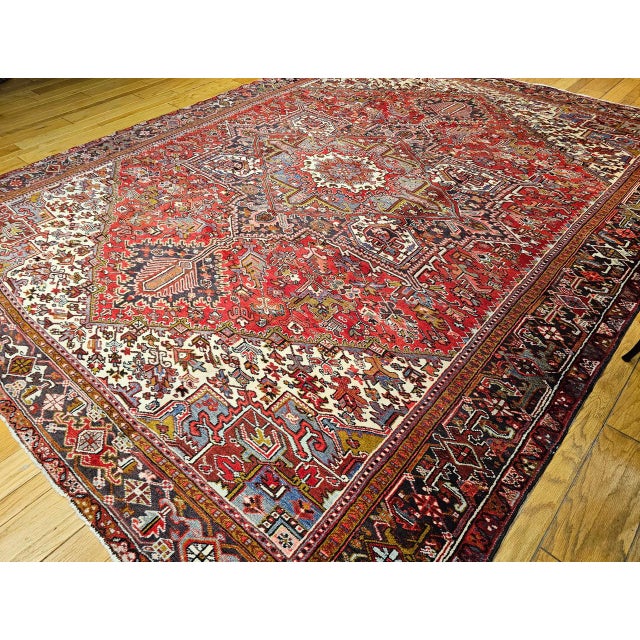 Textile Vintage Persian Heriz Rug, Hand-Knotted Wool, Geometric Medallion Pattern, Red & Navy, 10x13 For Sale - Image 7 of 11