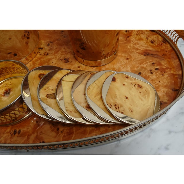 Italian Walnut Serving Set Including Tray, Ice Bucket, Thermos and Coasters, 1970s, Set of 4 For Sale - Image 16 of 18