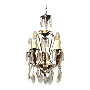 1950s Italian Mid-Century Gilded Brass Chandelier With Bohemian Crystal