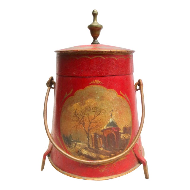 Antique Iron Fireplace Bucket With Painted Scene For Sale