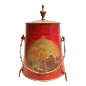 Antique Iron Fireplace Bucket With Painted Scene