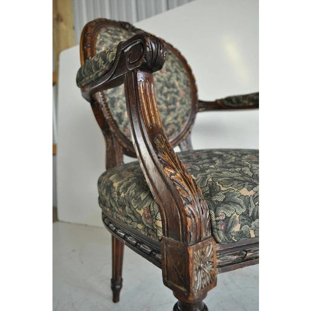 Early 20th Century Vintage French Louis XVI Style Carved Walnut Fireside Arm Chair Fauteuil For Sale - Image 5 of 11