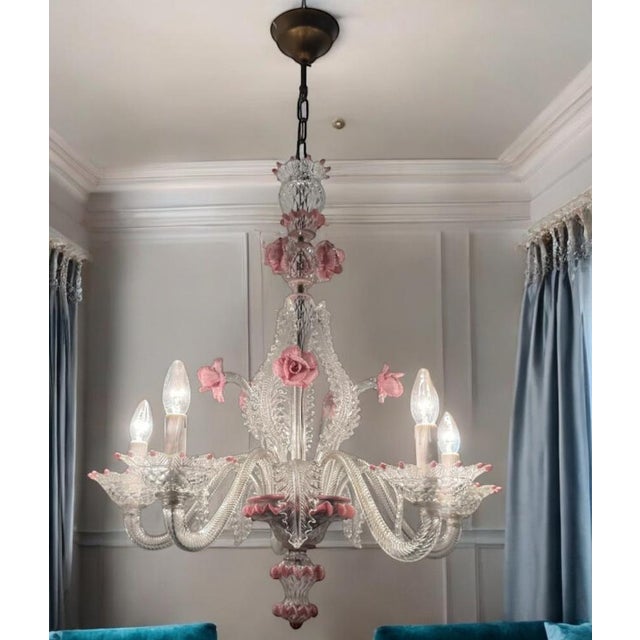 Venetian murano glass chandelier 1960’s clear murano glass with pink flowers height without chain and canopy 70 cm height...