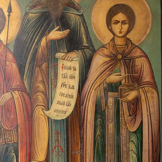 Traditional Pair of Antique Original Painted Russian Icons Painted on Wood Panels, Circa 1900's For Sale - Image 3 of 7