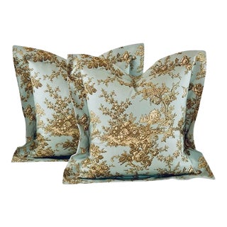 Designer P Kaufmann Aqua Brown Cream Tan French Country Scenic Toile Pillow Covers- 21" Pair For Sale