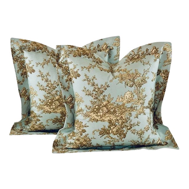 Designer P Kaufmann Aqua Brown Cream Tan French Country Scenic Toile Pillow Covers- 21" Pair For Sale