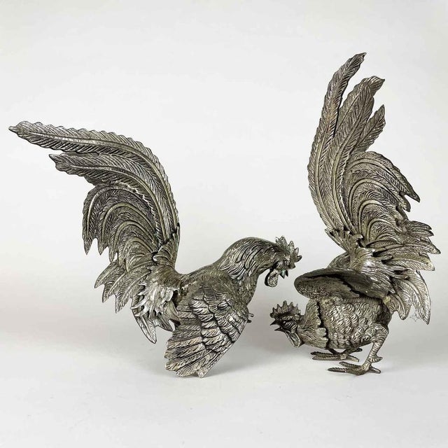 Bronze Cast Roosters in Silver, 1900s, Set of 2 For Sale - Image 4 of 11