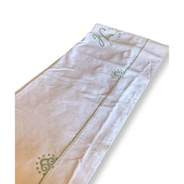 Antique French Linen Sheet, Jl Monogram With Sage Green Embroidery, Circa 1920 For Sale - Image 4 of 11