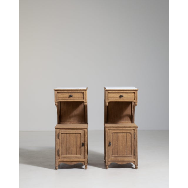 Traditional Pair of Eclectic Oak Side Tables with Marble Tops, Antique, France, Circa 1900 For Sale - Image 3 of 15