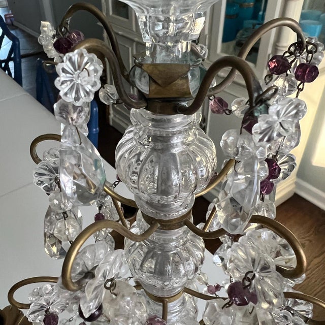 1920s Beautiful 5-arm French Girandole crystal candelabra with purple accents // table chandelier // brass and crystal candle holder // amethyst For Sale - Image 10 of 12