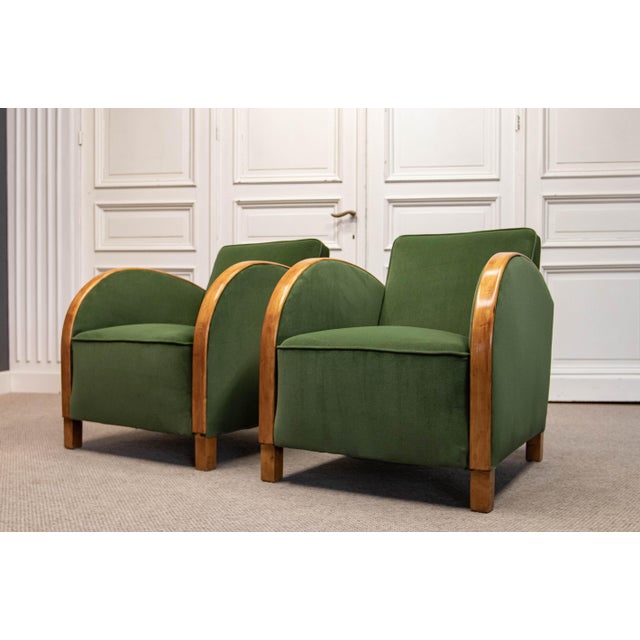Vintage Green Velvet Lounge Chairs with Wooden Arm Overlays, Sweden, 1930, Set of 2 For Sale - Image 12 of 15