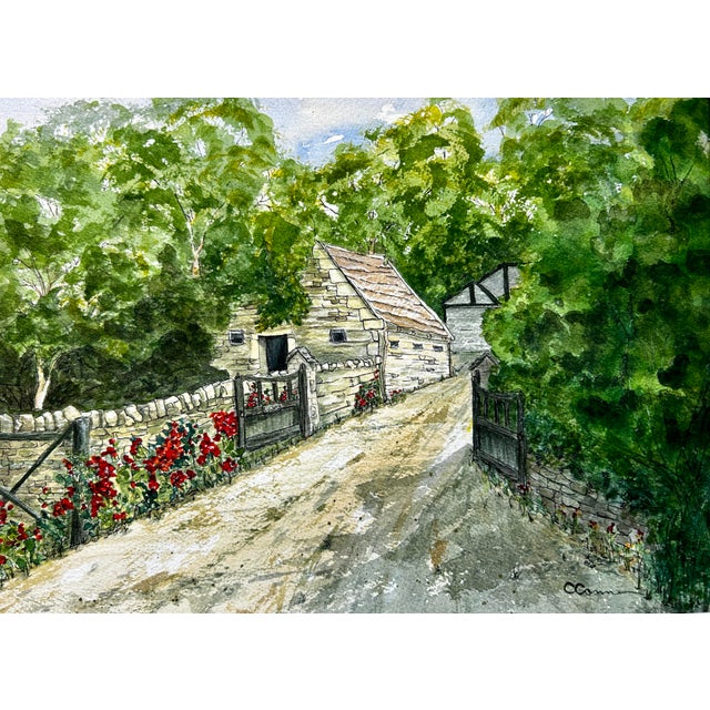 Original Watercolor Painting on Paper of “England Cottage Lych Gate”. For Sale