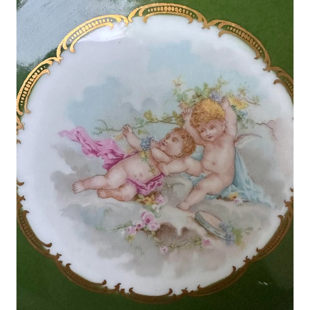 1970s Vintage French Hand Painted Cherubs Gold Gilt Green Porcelain Decorative Plate For Sale - Image 5 of 12