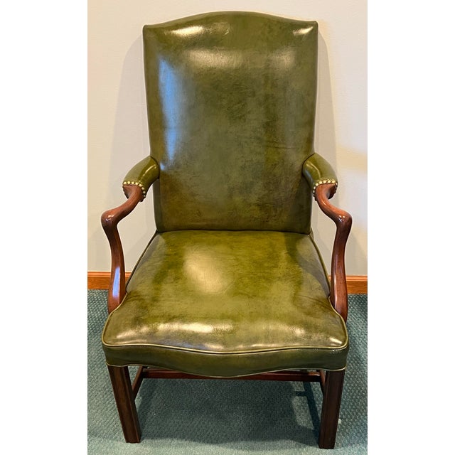 Chippendale Kittinger Green Leather Chippendale Style Gainsborough Chair For Sale - Image 3 of 10