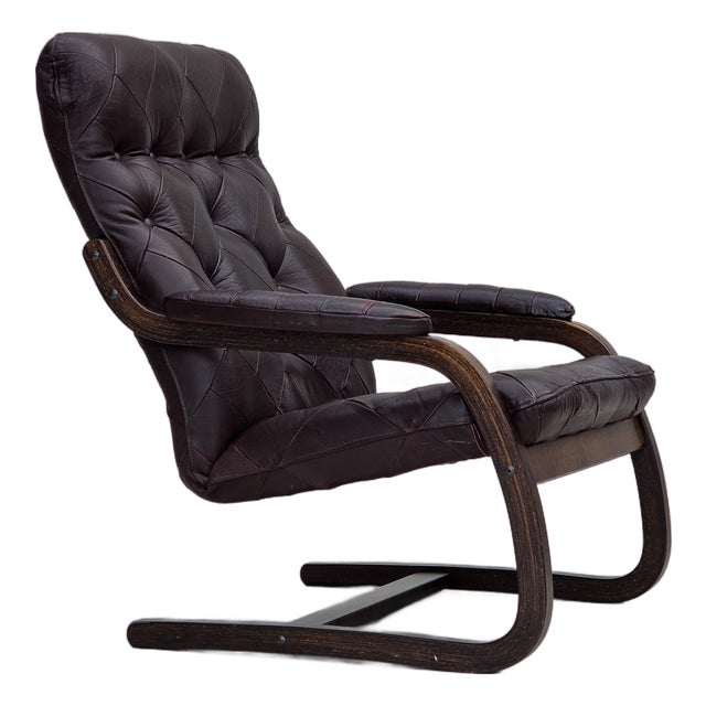 Scandinavian Lounge Chair in Brown Leather and Bentwood, 1970s For Sale
