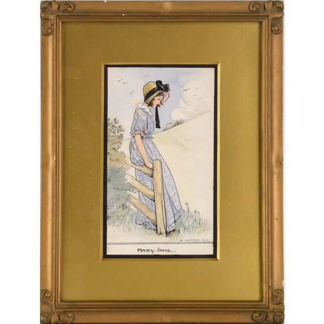 1920s Illustration Gouache Painting of a Country Girl by M. Solomon, Framed For Sale