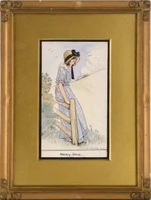 1920s Illustration Gouache Painting of a Country Girl by M. Solomon, Framed