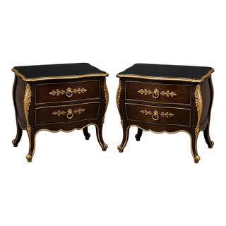 Mid 20th Century Pair of French Provincial Bombe Nightstands With Satin Black Tops & Fine Gold Gilding For Sale