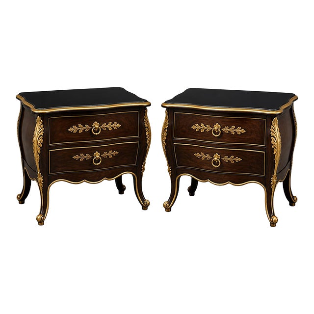 Mid 20th Century Pair of French Provincial Bombe Nightstands With Satin Black Tops & Fine Gold Gilding For Sale