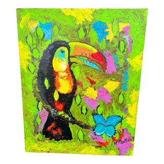 Vibrant Modern Toucan and Butterfly Oil Painting Signed For Sale
