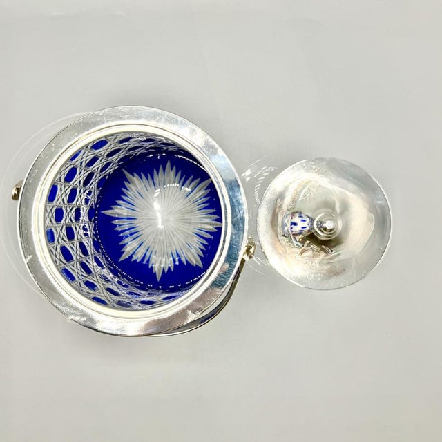 Mid-Century Modern Cobalt Blue Overlay Cut Crystal Biscuit Barrel with Silver-Plated Mount, 1950s For Sale - Image 12 of 18