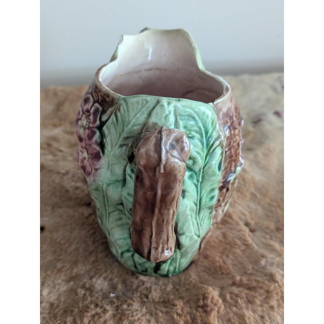 Antique French Majolica Bark & Wild Rose Pitcher, Circa 1880–1910 For Sale - Image 4 of 7