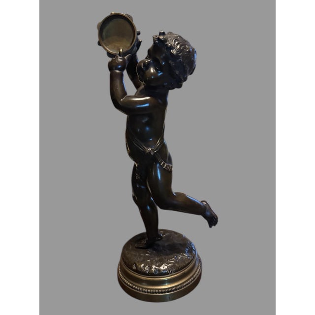 Victorian Antique Victorian Clodion 14.5" Figural Bronze Statue Sculpture Musician Playing a Tambourine For Sale - Image 3 of 12