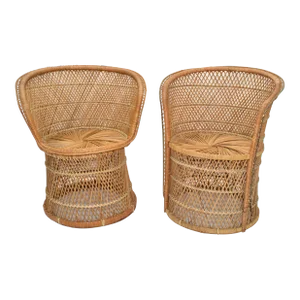 Him & Her Vintage Handwoven & Crafted Chinoiserie Rattan Cane & Bamboo Armchairs