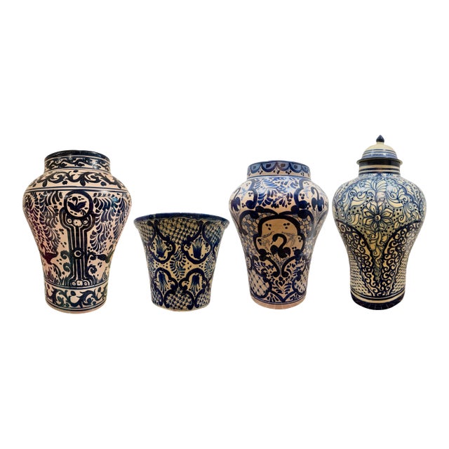 Blue and White Majolica Vases- A Set of 4 For Sale