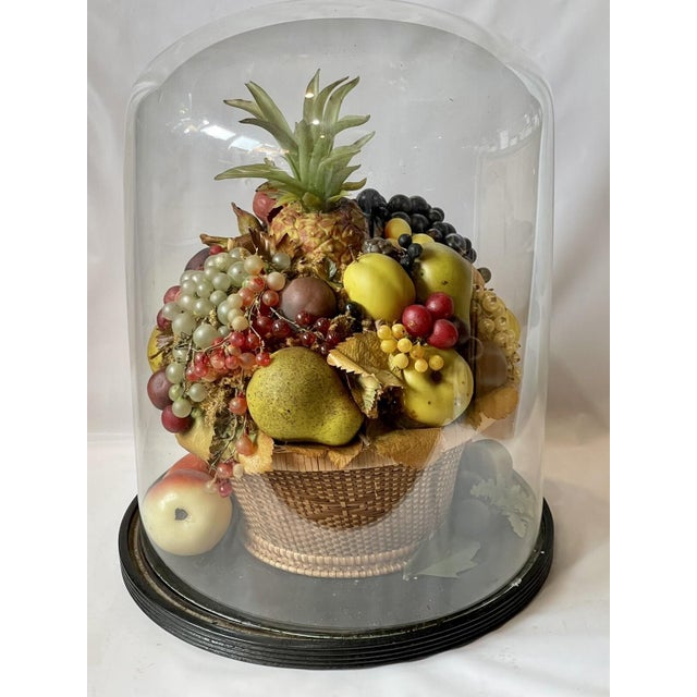 LARGE Antique Victorian Mantel Clock Glass Dome WAX FLOWER BASKET Rare Folk Art For Sale - Image 11 of 18