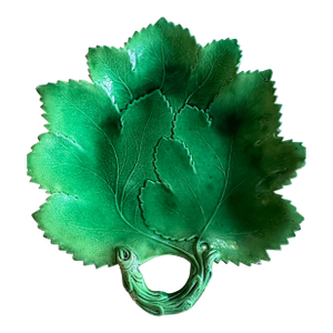 Antique Majolica Green Leaf Serving Dish Vine Handle – Portuguese Caldas Style