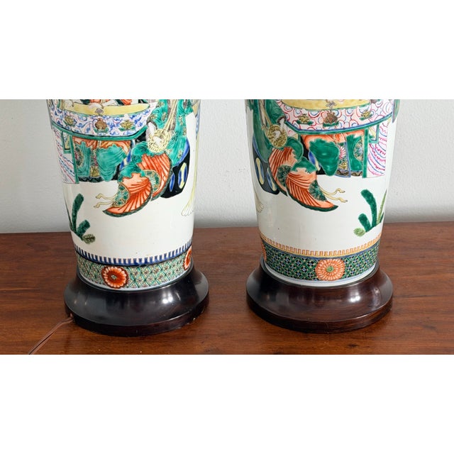 Monumental Late 19th Century Chinese Famille Verte Porcelain Rouleau Vases Set as Lamps Pair For Sale - Image 11 of 12