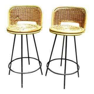 Mid-Century Wicker Rattan Bar Stools - A Pair For Sale