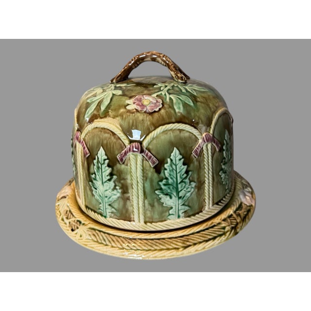 Vintage Antique Majolica Pottery Floral Decorated Cheese Keeper Dome With Base For Sale - Image 10 of 10