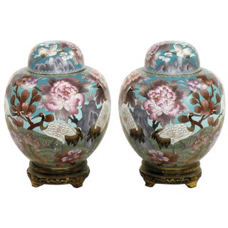 Chinese Cloisonné Urns With Red-Crowned Cranes and Peonies - a Pair For Sale