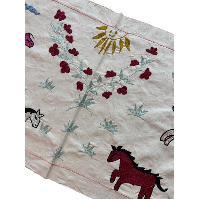 Mid-Century Modern Magenta Horse Suzani Wall Hanging, Berry Vine For Sale - Image 3 of 5