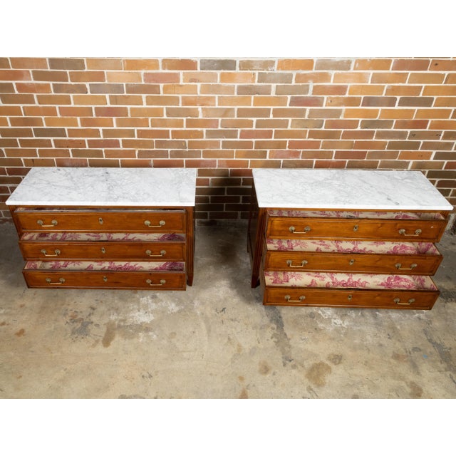 Pair of French 19th Century Three-Drawer Walnut Commodes with White Marble Tops For Sale - Image 12 of 12