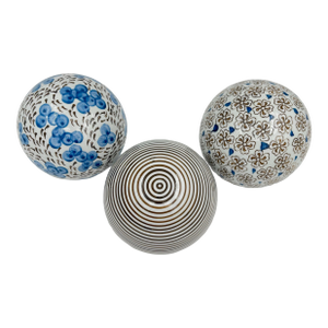 Vintage Chinoiserie Oversized XL Ceramic Carpet Balls in Blues & Browns, Dots, Pinstripes, and Florals - Set of 3