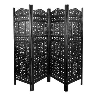 Vintage Black Stain Indian Boho Folding Screen / Room Divider For Sale