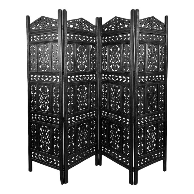 Vintage Black Stain Indian Boho Folding Screen / Room Divider For Sale