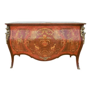 1940s Antique French Louis XV Marquetry Style Mahogany Brass Ormolu Mounted Bombe Leather Top Desk For Sale