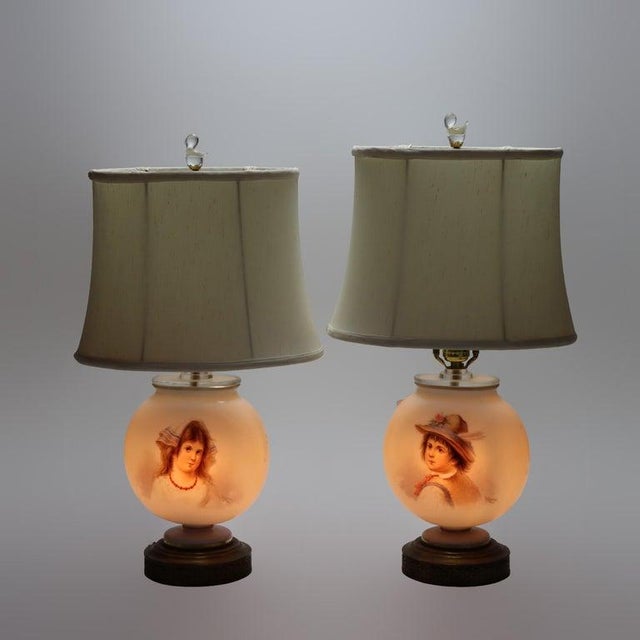 Antique French Josef Ahne Opaline Glass Portrait Pillow Table Lamps - a Pair For Sale - Image 6 of 12