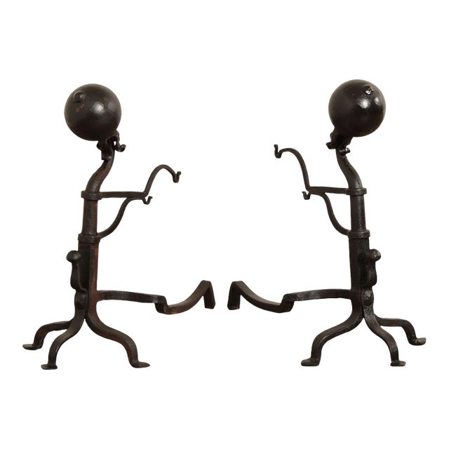 Antique 19th C. Wrought Iron Cannonball Andirons - A Pair For Sale