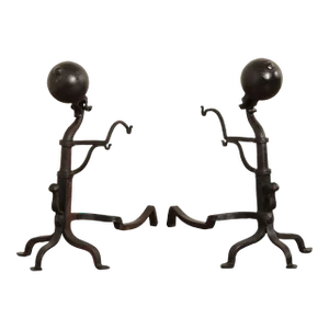 Antique 19th C. Wrought Iron Cannonball Andirons - A Pair