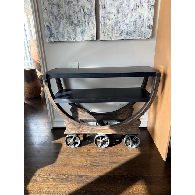 Black Restoration Hardware Bar Cart — Industrial Modern, Sculptural Wheels, Two‑Tier Design For Sale - Image 8 of 8
