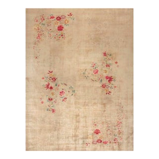 1920s Tan Khaki Floral Antique Chinese Art Deco Rug 10'0" X 13'4" Knotted Wool Carpet For Sale